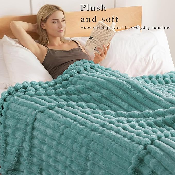 Exclusivo Mezcla Queen Size Flannel Fleece Blanket, Super Soft Striped Jacquard Bed Blanket, Lightweight Fuzzy Cozy for All Seasons, 90x90 Inches, Celadon