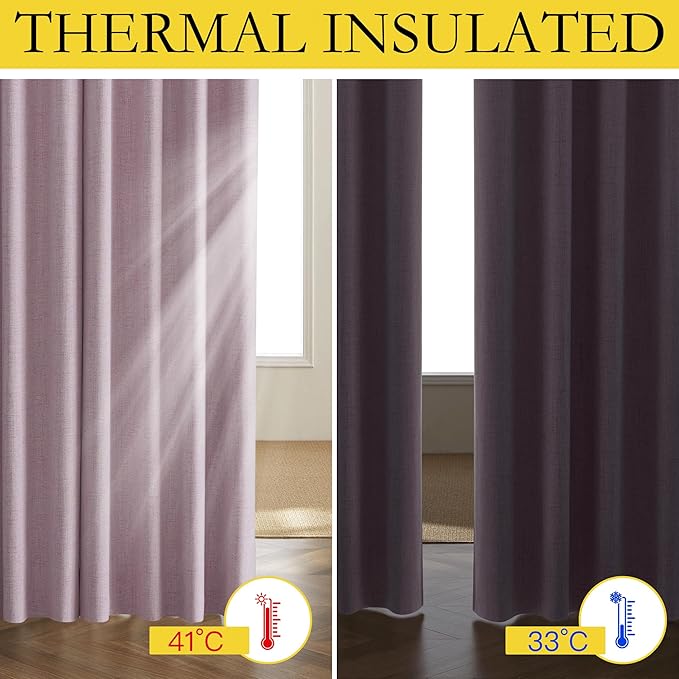 NICETOWN Pink Vintage Linen 100% Blackout Curtains for Living Room, Thermal Insulated Curtains 120" Long, Noise Reducing Window Treatment Drapes for Hall Room, 52" Wide Per Panel, Set of 2