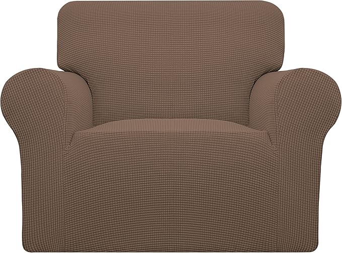 Easy-Going Stretch Chair Sofa Slipcover 1-Piece Couch Sofa Cover Furniture Protector Soft with Elastic Bottom for Kids, Pet. Spandex Jacquard Fabric Small Checks (Chair, Brown)