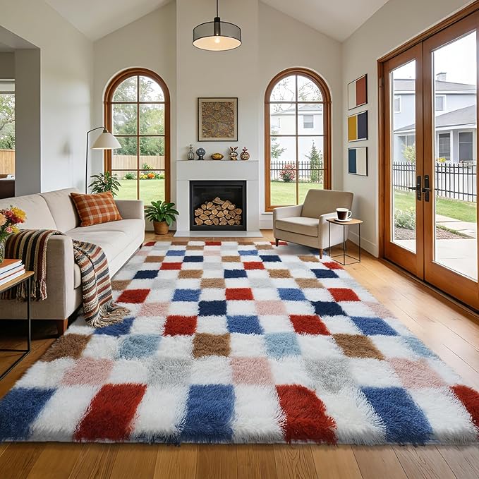 Shag Area Rug for Bedroom Living Room,6x9 Fluffy Soft Colorful Checkered Rug Fuzzy Shaggy Bedroom Carpet,Indoor Plush Floor Rugs for Kids Boys Girls Teen Dorm Nursery Home Decor