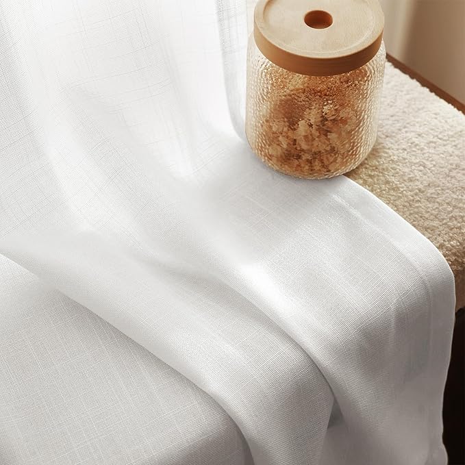 Linen White Curtains 90 inches Long for Bedroom Loop Pocket Privacy Light Filtering Semi Sheer White Boho Farmhouse Curtain Drapes Cotton Textured Modern Elegant Coastal Living Room Decor 42x90
