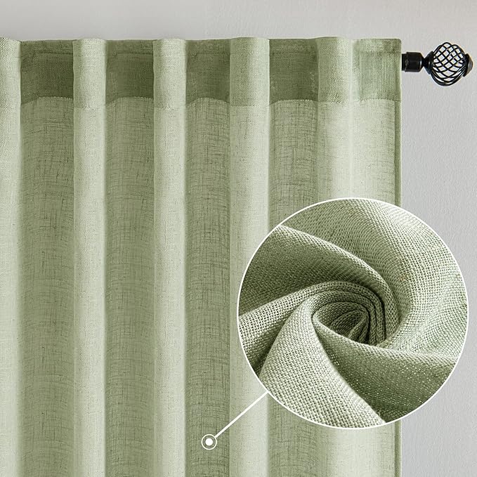 MIULEE Sage Green Linen Curtains 96 Inch Long for Bedroom Living Room, Soft Thick Linen Textured Window Drapes Semi Sheer Light Filtering Back Tab Rod Pocket Burlap Look Farmhouse Decor, 2 Panels