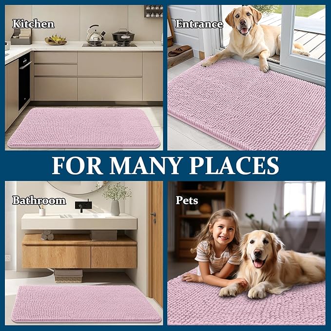 OLANLY Dog Door Mat for Muddy Paws 47x32, Absorbs Moisture and Dirt, Absorbent Non-Slip Washable Doormat, Quick Dry Chenille Mud Mat for Dogs, Entry Indoor Entryway Carpet for Inside Floor, Dusty Rose