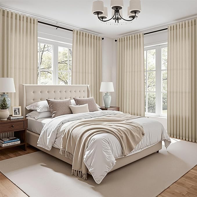 Eggshell Beige Linen Curtains for Living Room 94 Inches Long Light Filtering Semi Sheer Curtain Back Tab Rustic Farmhouse Decor Burlap Luxury Boho Drapes for Bedroom Dinner Room 52x94, 2 Panels