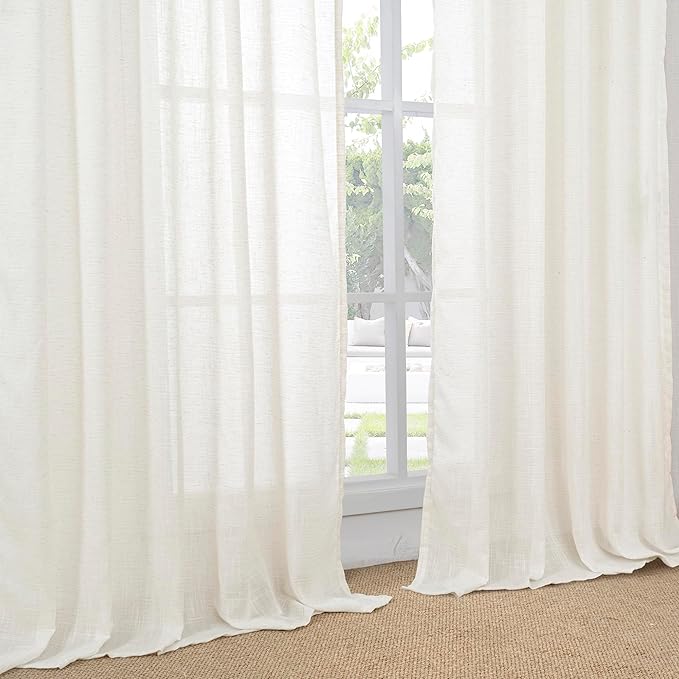 BGment Linen Semi Sheer Curtains 80 Inch Length for Living Room - Light Filtering Window Drapes Cream Rustic Lightweight for Bedroom Country, 2 Panels Set, 52 X 80 Inch