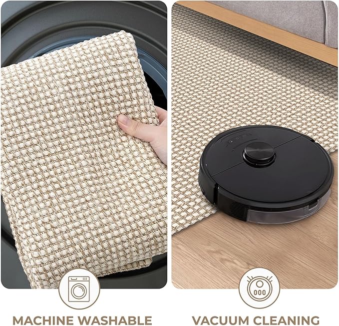 KOZYFLY Runners for Hallways 2x7 ft Washable Kitchen Runner Non Slip Rubber Backed Hall Runners Cotton Entryway Runner Rugs Floor Carpet for Indoor Backdoor Bedroom Kitchen, Ivory/Khaki
