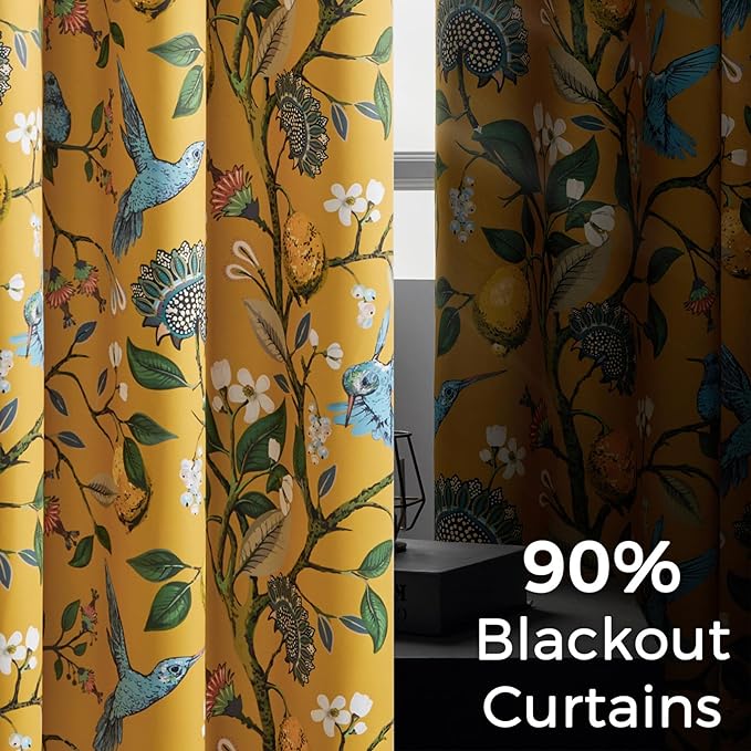 Topfinel Living Room Curtains 72 Inches Long Mustard Yellow Vintage Curtains & Drapes, Room Darkening Grommet Luxury Whimsical Floral Lemon Hummingbird Colorful Blackout Drapes for Living Room Bedroom
