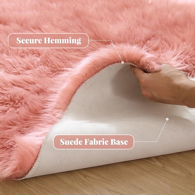 ORINOVA Pink Plush Round Rugs 6ft Large Washable Faux Fur Area Rugs for Living Room Boho Circle Fluffy Sheepskin Fur Rug for Nursery