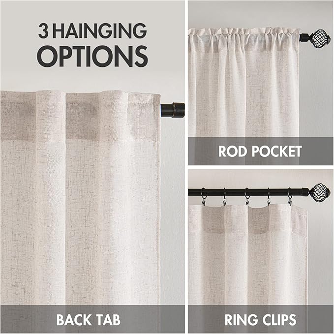 MIULEE White Linen Curtains 63 Inch Length 2 Panels for Bedroom Living Room, Soft Thick Linen Textured Natural Window Drapes Semi Sheer Light Filtering Back Tab Rod Pocket Burlap Look Decor