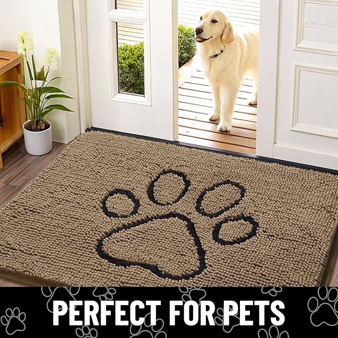Smiry Dog Door Mat for Muddy Paws, Absorbent Dirt Trapper Non Slip Quick Dry Washable Chenille Mat for Mud Dogs, Entry Rug for Indoor and Outdoor (40x32 Inches, Camel and Black)