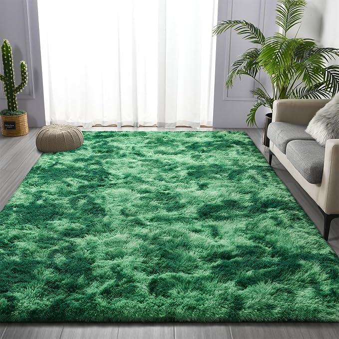 Deerhoo Large Shag Area Rugs 5 x 8, Plush Fuzzy Rugs for Living Room, Ultra Soft Fluffy Furry Rug for Bedroom, Indoor Carpet Nursery Rugs for Kids Room Home Decor, Tie-Dyed Emerald Green
