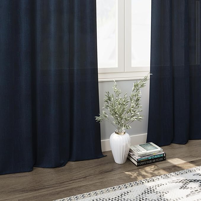 Nanspring Navy Blue Semi Sheer Curtains 72 Inches Long 2 Panels Set for Bedroom Back Tab Rod Pocket Light Filtering Drapes Cotton Linen Textured Indigo Blue Farmhouse Living Room Curtain 52X72