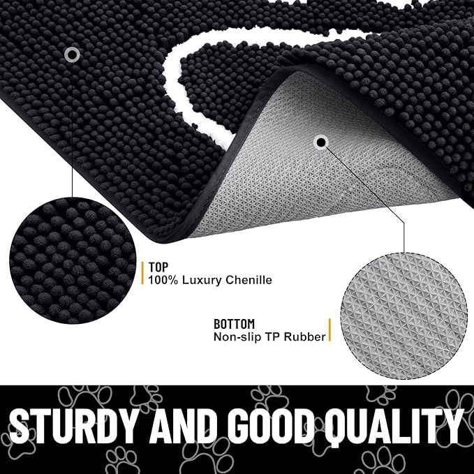 Smiry Dog Door Mat for Muddy Paws, Absorbent Dirt Trapper Non Slip Quick Dry Washable Chenille Mat for Mud Dogs, Entry Rug for Indoor and Outdoor (44x24 Inches, Black and White)