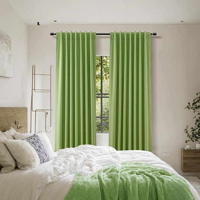 Guken 100% Blackout Curtains 90 Inch Length 2 Panels Set for Living Room Bedroom Back Tab Thermal Insulated Black Out Linen Drapes Room Darkening Lime Green,52x90