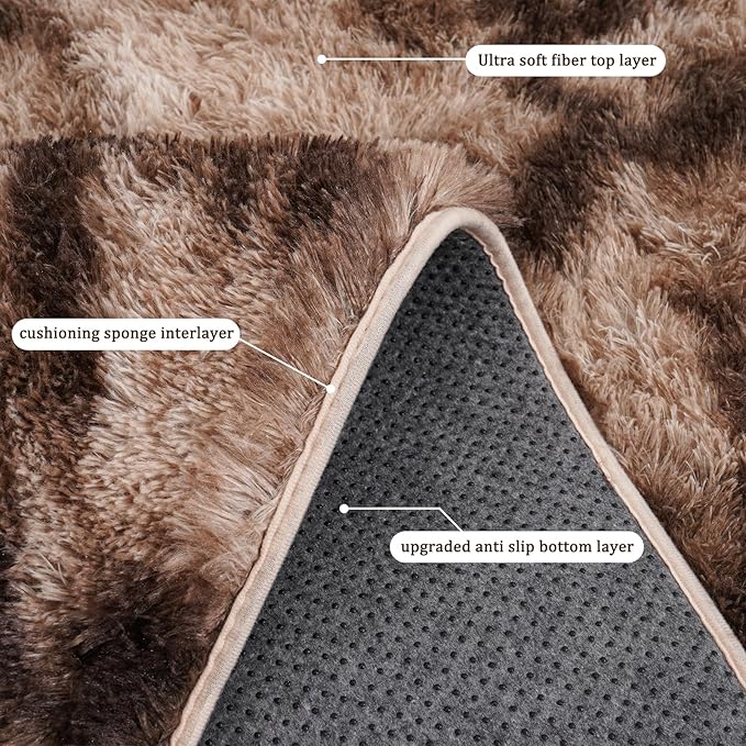 Runner Rugs for Bedroom, 2x6 Fluffy Throw Area Rug Non Slip for Bedside Dorm Hallways, Long Soft Shag Carpet for Nursery Living Room, Tie-Dyed Brown