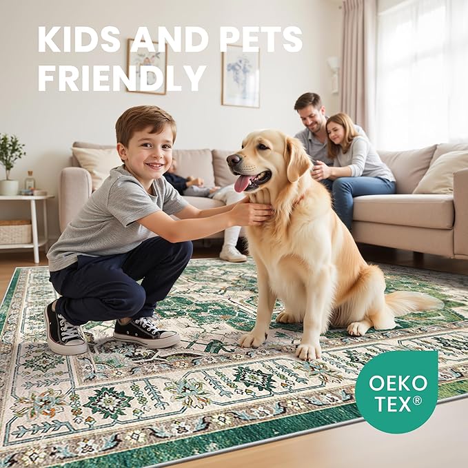 zesthome 6x9 Area Rugs, Machine Washable Rugs for Living Room, Bedroom,Stain Resistant Vintage Large Area Rug,Non-Slip Medallion Pattern Home Decor Rugs (Green,6'x9')