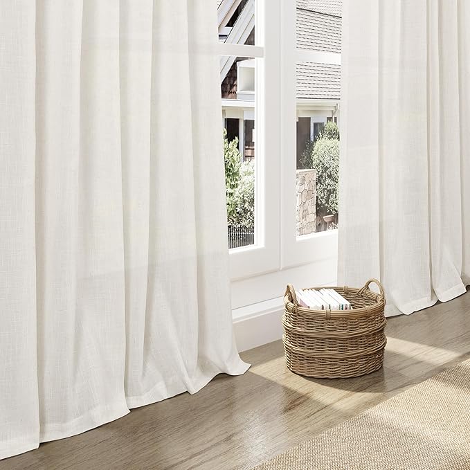 Extra Long Beige White Linen Curtains 144 Inch for Living Room 2 Panels Set Rod Pocket Back Tab Light Filtering Semi Sheer Curtain Privacy Floor to Ceiling High Ceiling Drapes for Farmhouse 52x144