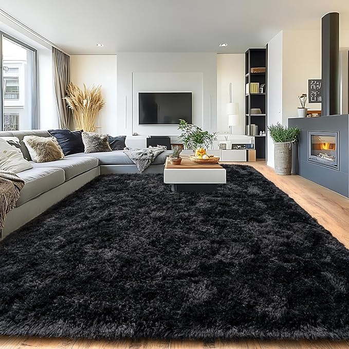 Pionblank Large Area Rug for Living Room 10x14, Fuzzy Modern Shag Rug, Fluffy Plush Non Slip Soft Furry Carpet for Bedroom Kids Room Nursery Teens Dorm Home Decor, Black