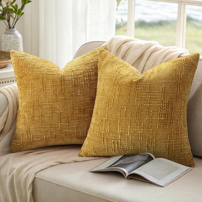 decorUhome Summer Mustard Yellow Chenille Euro Sham Throw Pillow Covers 26x26 Set of 2 Textured Cozy Slubby Couch Pillow Covers Modern Farmhouse Boho Decorative Pillow Cases for Bed Sofa Living Room