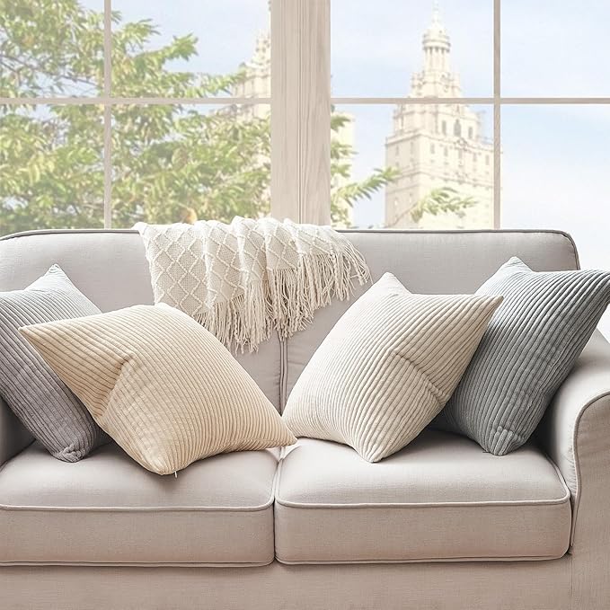 Topfinel 4 Packs Neutral Decorative Throw Pillows Covers 16x16 Inch for Living Room Couch Bed Sofa, Rustic Farmhouse Boho Neutral Home Decor, Soft Plush Striped Corduroy Square Cushion Case 40x40 cm