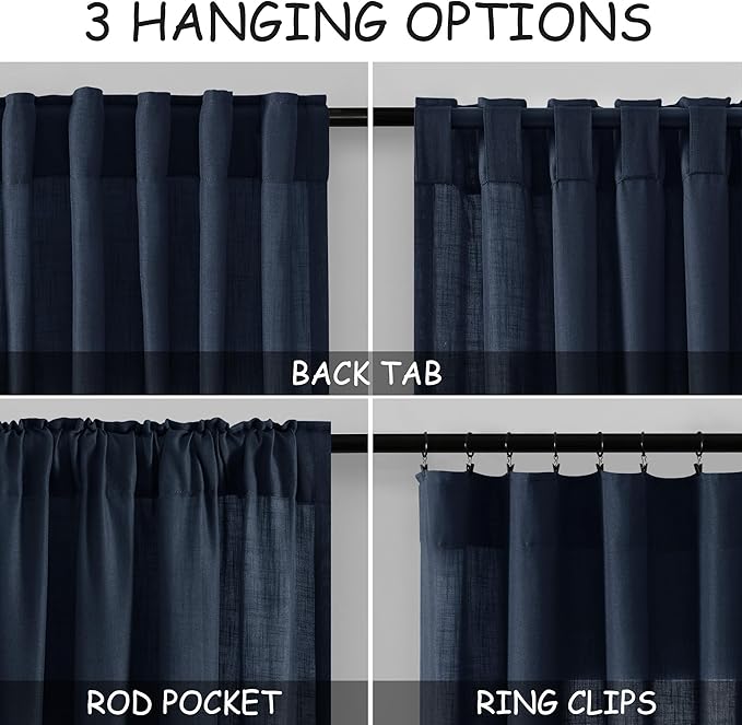 Navy Blue Linen Curtains 102 Inches Long for Living Room 2 Panel Set Back Tab Rod Pocket Indigo Semi Sheer Curtains Light Filtering Burlap Extra Long Drapes Farmhouse Decor for High Window 40x102