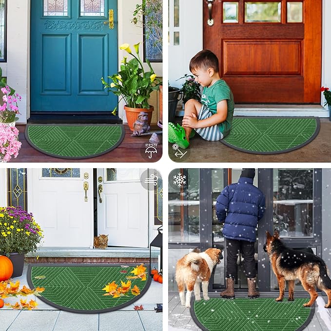 Smiry Half Circle Front Door Mat Outside Entrance, Heavy Duty Sturdy Natural Rubber Doormat, Trap Dirt and Moisture, Low Profile Mats for Indoor Outdoor Entry, Irregular Triangle (47x32, Green)