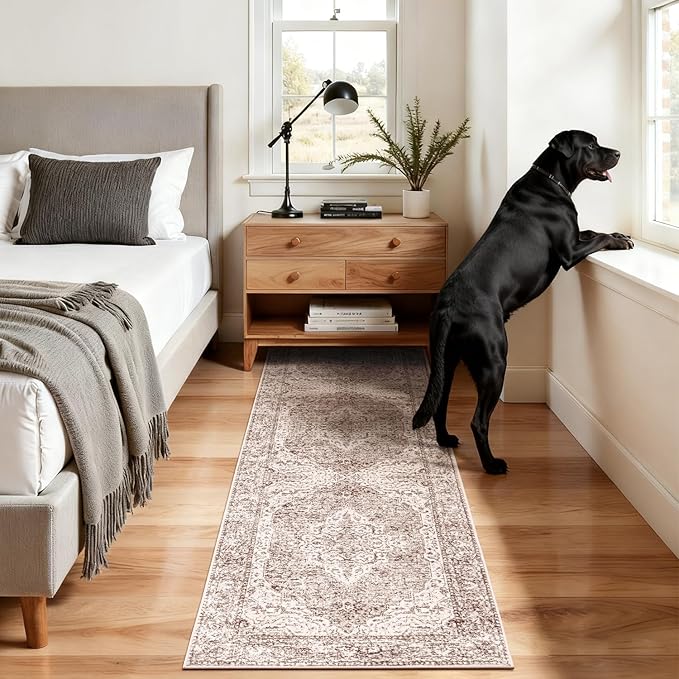 Lofus 2x8 Runner Rug for Hallways, Washable Kitchen Rugs, Non-Slip Rugs for Entryway and Bedroom, Vintage Boho Carpet, Soft Low Pile Long Runner Area Rug, Vintage Beige Brown