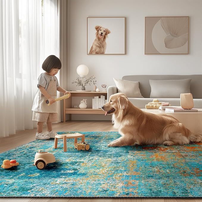 Washable Area Rugs Square 8ft Non-Slip Modern Abstract Soft for Living Room Entryway Bedroom Nursery, Print Pattern, Teal Blue Green Orange Rust Red Coloreful
