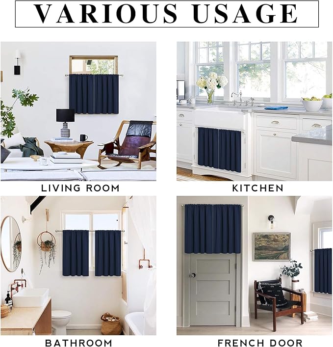 RYB HOME Cafe Blackout Curtains 24 inch Length, RV Curtains for Camper Windows, Mini Short Small Insulating Light UV Heat Blocking Privacy Half Window Tiers, Width 42 by Length 24, Navy Blue, 2 Panels