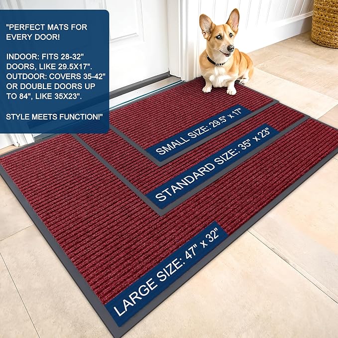 OLANLY Front Door Mat Indoor Outdoor Entrance, 2-Pack 35 x 23 Inch, Waterproof Heavy Duty Doormat, Fade Resistant, Low Profile, Easy Clean Patio Porch Welcome Floor Mats for Entry, Wine Red
