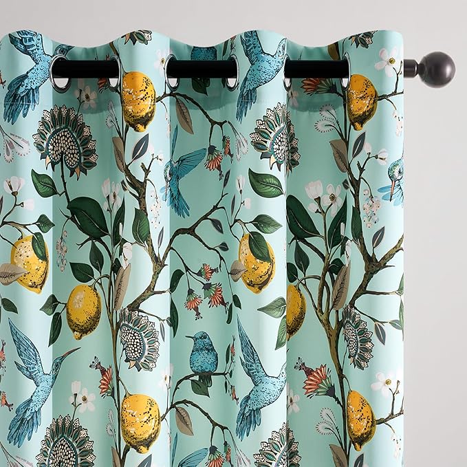 Topfinel 96 Inches Long Floral Curtains Unique Cottagecore Whimsical Vintage Pretty Fun Floral Hummingbird Patterned Double Sided Grommet Green Print Drapes Two Pages for Bedroom Living Room Dining