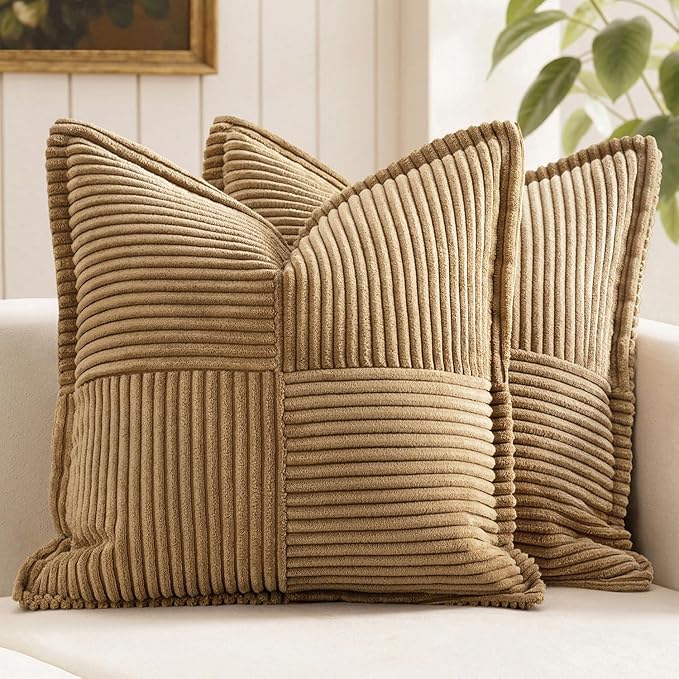 MIULEE Decorative Euro Sham Throw Pillow Covers for Couch Bed Livingroom 24x24 Inch Set of 2 Brown Boho Accent Throw Pllows Broadside Striped Patchwork Soft Corduroy Pillowcases
