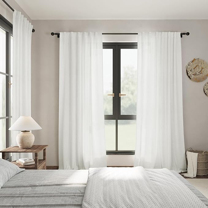 Linen Light Filtering Curtains 96 Inches Long 2 Panels Long Ivory Semi Sheer Linen Blended Window Curtains Back Tab Pocket Natural Off White Rustic Farmhouse Drapes for Living Room Bedroom 52X96