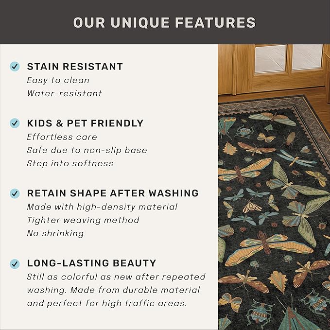 2x6 Black Entryway Runner Rugs Washable Non Slip Runners for Hallway, Kitchen, Mudroom, Laundry Room, Stain Resistant Ultra Soft Non Skid, Nature Insect Fantasy Whimsical Indoor Decor
