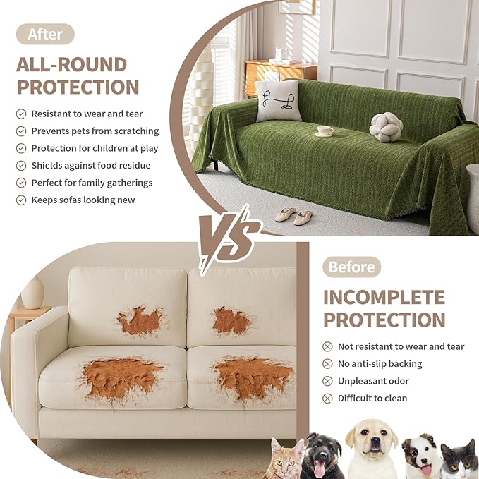 Boho Chenille Couch Cover for Dogs, Non Slip Sofa Cover, Couch Slipcover Covers for 3 Cushion, Furniture Protector with Tassels for Pets Washable, 91"x134", Fishbone Green