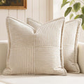 MIULEE Decorative Throw Pillow Covers for Couch Bed Livingroom 12x12 Inch Set of 2 Beige Boho Accent Throw Pllows Broadside Striped Patchwork Soft Corduroy Pillowcases