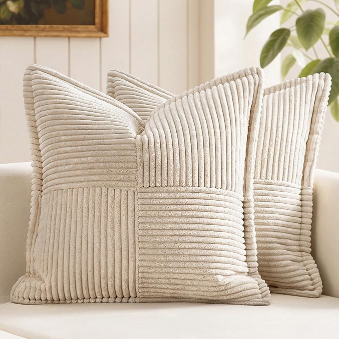 MIULEE Decorative Throw Pillow Covers for Couch Bed Livingroom 18x18 Inch Set of 2 Beige Boho Accent Throw Pllows Broadside Striped Patchwork Soft Corduroy Pillowcases