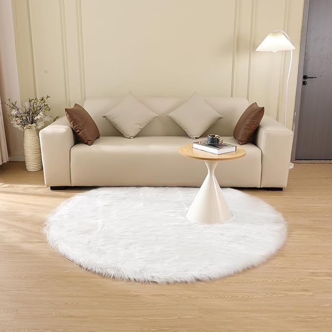 ORINOVA White Fluffy Faux Fur Rugs for Bedroom Sheepskin Machine Washable Shag Area Rugs for Living Room Small Circle Boho Round Rug 3ft