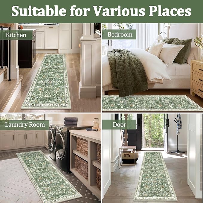 Yamaziot Washable Area Rug 6x9, Large Non-Slip Boho Floral Living Room Rug with Rubber Backing, Low Pile Distressed Carpet for Bedroom, Living Room, Dining Room, Green