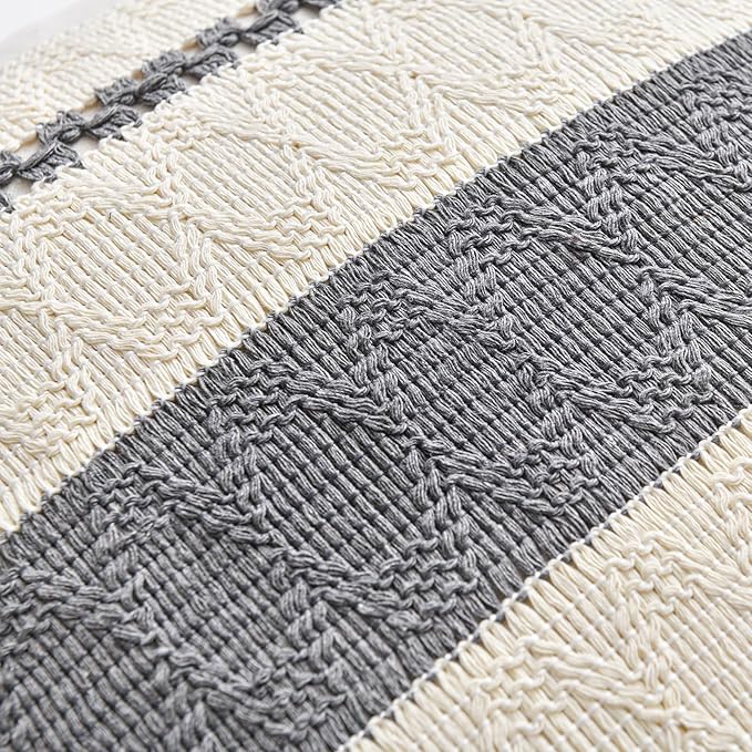 Fancy Homi Set of 1 Neutral Grey Farmhouse Decorative Throw Pillow Covers 18x18 Inch for Couch Bed Chair Indoors, Vintage Country Rustic Retro Room Decor, Soft Thick Cotton Handmade Woven Cushion Case