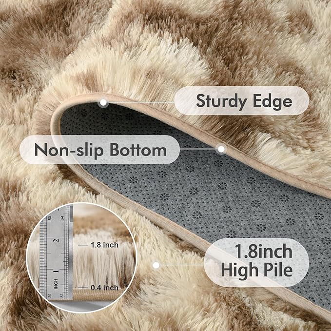4x6 Ft Shag Area Rug for Bedroom Living Room, Tie-Dyed Ultra Soft Fluffy Furry Rugs for Indoor Floor, Aesthetic Carpet for Kids Home Decor (Khaki)