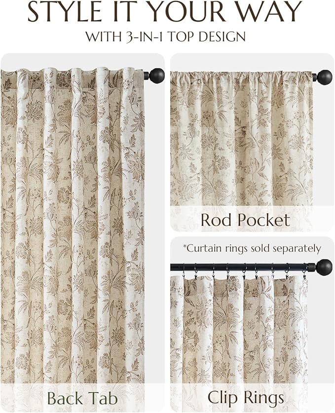 jinchan Lined Linen Floral Curtains for Living Room, 96 Inch Length Printed Flower Farmhouse Patterned French Country Back Tab Taupe Window Drapes Set Privacy Bedroom Curtains, 2 Panels