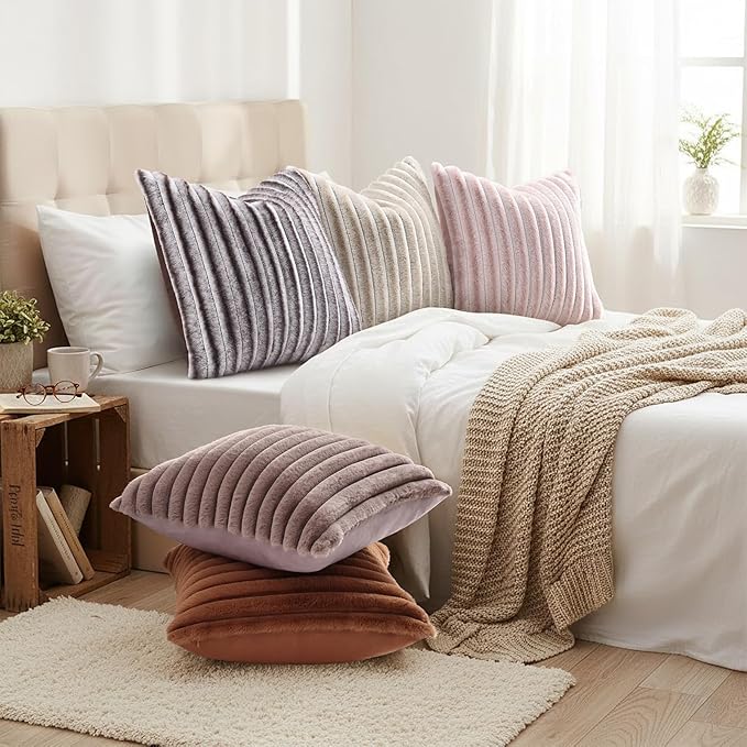 decorUhome Cozy Faux Fur Throw Pillow Covers 18x18 Set of 2 Decorative Soft Plush Striped Modern Farmhouse Boho Couch Pillow Cases with Velvet Back for Sofa Bed Living Room, Brown White