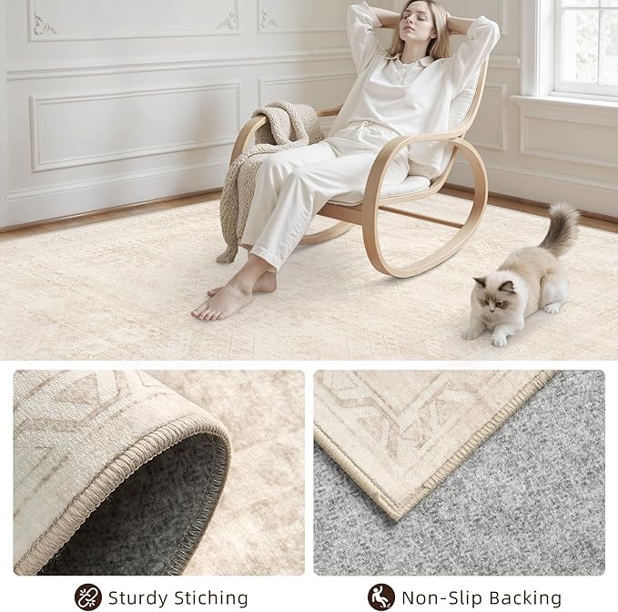 8x10 Area Rugs for Living Room: Vintage Boho Neutral Washable Rug Indoor Soft Large Area Rug Carpet for Bedroom Nursery Farmhouse Dining Room Office Floor Non-Slip Low Pile Under Table Rug Beige