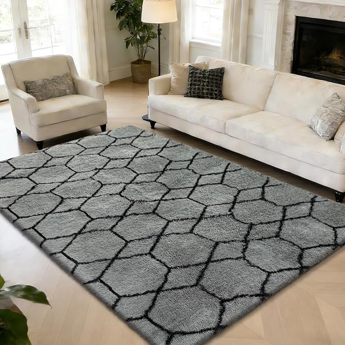 8x10 Fluffy Area Rugs for Living Room,Shag Area Rug for Bedroom,Geometric Soft Fuzzy Rug Non-Shedding Indoor Plush Carpet for Kids Bedroom Nursery Home Decor,Grey and Black