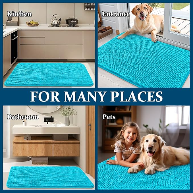 OLANLY Dog Door Mat for Muddy Paws 59x32, Absorbs Moisture and Dirt, Absorbent Non-Slip Washable Doormat, Quick Dry Chenille Mud Mat for Dogs, Entry Indoor Entryway Carpet for Inside Floor, Aqua Blue