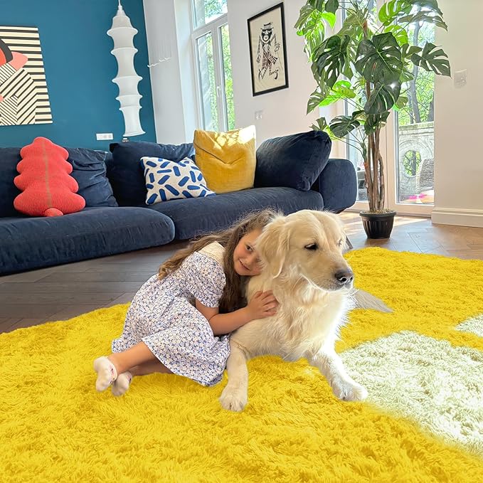 OLANLY 8x10 Machine Washable Large Area Rugs for Living Room, Bedroom, Soft Fluffy Shaggy Bedside Rug, Indoor Floor Carpet for Kids Girls and Boys, Dorms, Nursery, Home Decor Aesthetic, Yellow