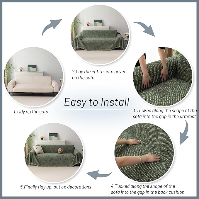MYSKY HOME Boho Couch Cover Moss Green Sofa Covers with Tassel Farmhouse Sofa Slipcover Simple Couch Protector for Dogs Chenille Sectional Couch Covers L Shaped Couch Cushion Covers, 71"x 134"