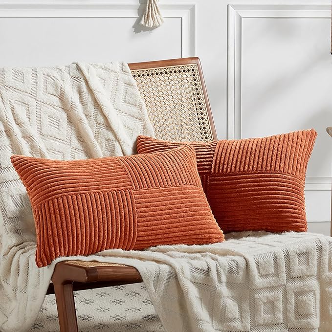 Fancy Homi Set of 2 Burnt Orange Lumbar Decorative Throw Pillow Covers 16x26 Inch for Living Room Couch Bed, Boho Farmhouse Fall Home Decor, Soft Corduroy Corss Patchwork Cushion Case 65x40 cm