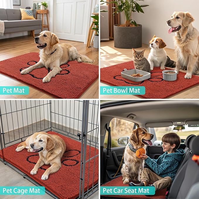Smiry Dog Door Mat for Muddy Paws, Absorbent Dirt Trapper Non Slip Quick Dry Washable Chenille Mat for Mud Dogs, Entry Rug for Indoor and Outdoor (36x24 Inches, Maple Red and Black)